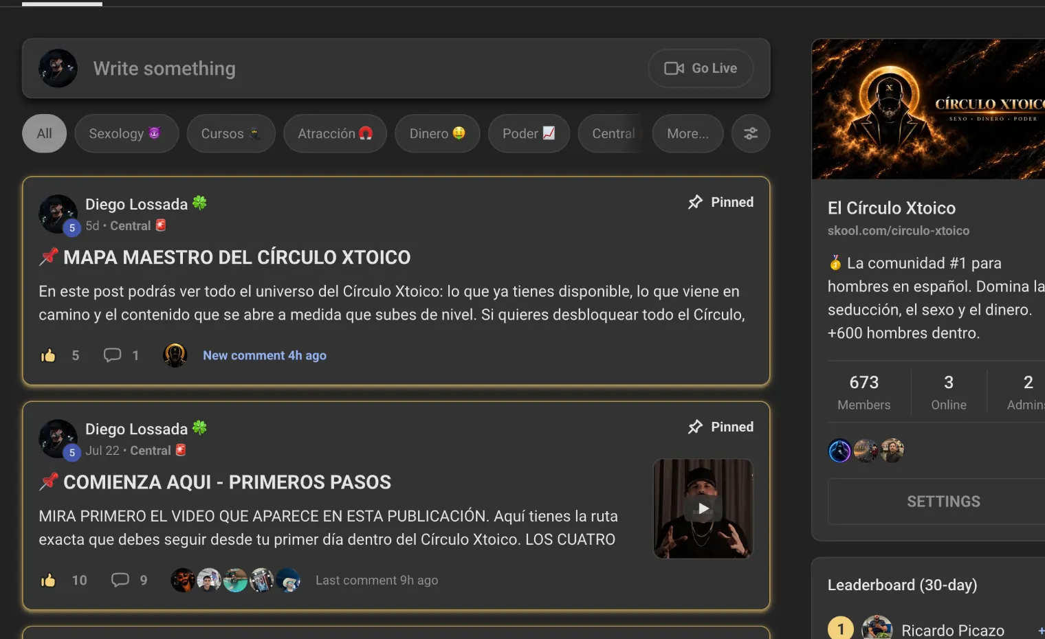 Captura de la comunidad de El Círculo Xtoico en Skool, con publicaciones y panel de la membresía